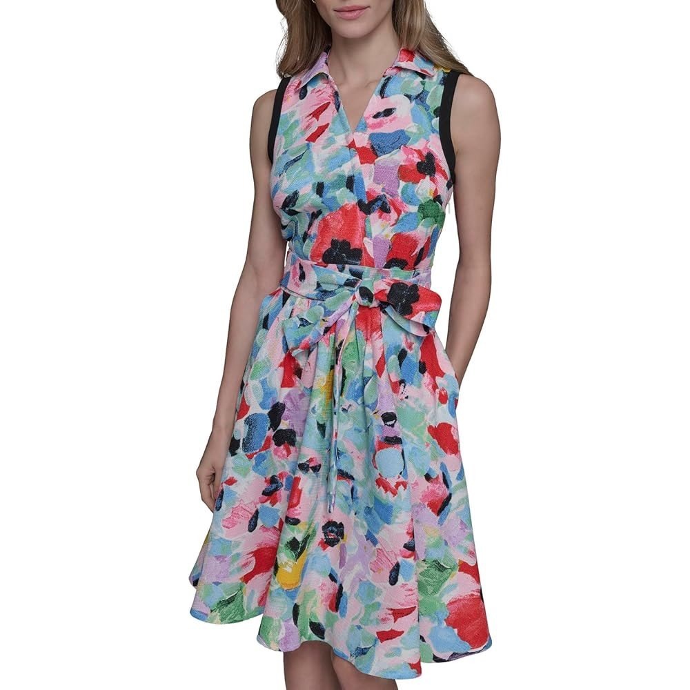 Karl Lagerfeld Paris Womens Abstract Floral Sleeveless Shirt Dress Multi Color